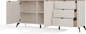 CORDOBA 2D3S komód 183x43x11.5 cm, kasmír, fekete lábakkal, tölgy fedlappal
