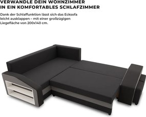 Grande sarokkanapé polcokkal és puffokkal , polc a bal karfaban puffok a jobb karfaban, baloldali, szövet anyag, hab töltet, fekete - szürke