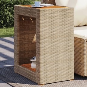 bézs polyrattan kerti kisasztal fa asztallappal 60x40x75 cm
