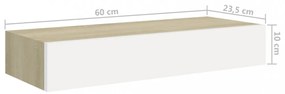 tölgyszínű és fehér MDF fiókos fali polc 60 x 23,5 x 10 cm