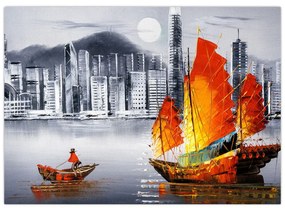 Festmény - Victoria Harbour, Hong Kong, fekete-fehér olajfestmény (70x50 cm)