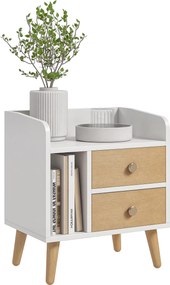 HOMCOM Éjjeli Székasztal 2 Nagy Fiókkal és 1 Nyitott Polccal, Emelt Fenyőlábakkal, Nordikus Design, 43x30x49 cm, Fehér | Aosom