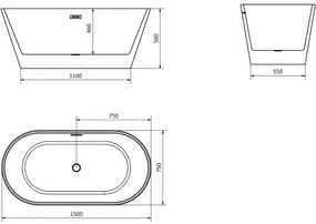 Mexen Flavia, szabadon álló kád 150 x 75 cm, fehér-fekete, króm túlfolyó, 54031507575-01
