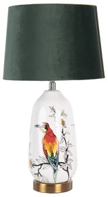 Tropical gyurgyalag madaras asztali lámpa, zöld textil búrával 28x50cm
