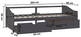 szürke 3 személyes tömör fenyőfa kanapéágy fiókokkal 90x200 cm