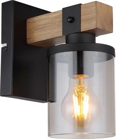 Globo 15555W Fali lámpa fém matt fekete, fa sötétbarna, füstszínű üveg, fény iránya: felfelé, SZxM: 100x225mm, Mélység: 170mm, nem tartozék: 1x E27 60W 230V