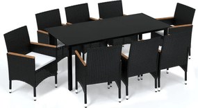 vidaXL 9 részes fekete polyrattan kerti étkezőgarnitúra párnákkal