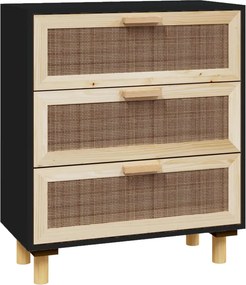 vidaXL fekete tömör fenyő/természetes rattan tálalószekrény 60x30x70cm