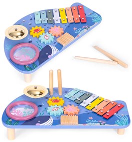 Hangszerasztal xilofonnal cintányérral tamburinnal és shakerrel tengeri témájú