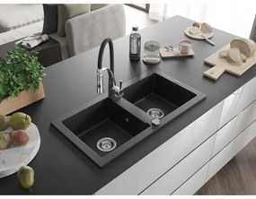Mexen Mario, gránit mosogató 820x436x161 mm, 2 kamrás és Aster mosogató csaptelep, fekete-arany metál, 6504-75-73450-07