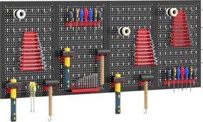 HOMCOM fali pegboard tárolórendszer, 4×60×40 cm panelek, 38 részes garázs szerszámrendező, fekete/piros | Aosom