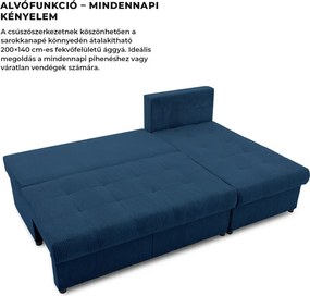 Venezia sarokkanapé, kordbársony, univerzális oldal, bonell töltet, kék