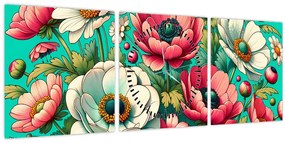 Kép - Virágok kék háttéren (órával) (90x30 cm)