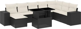 vidaXL 9 részes fekete polyrattan kerti ülőgarnitúra párnákkal