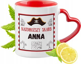 Piros bögre szív alakú füllel Anna számára Ajándék