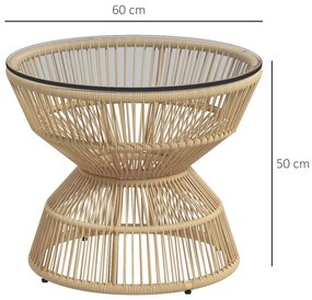 Kerek rattan kerti asztal, 60 cm átmérő, edzett üveg asztallappal
