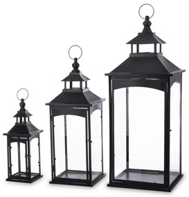 Fekete fém üvegezett szögletes kerti lámpás lantern 3db-os szett 86x31x31 / 67x23x23 / 45x15x15cm