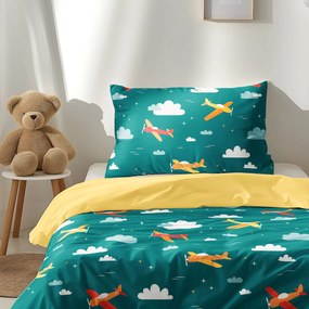 Goldea gyermek pamut ágyneműhuzat duo - repülős kalandok, sárga hátoldal 150 x 200 és 50 x 60 cm