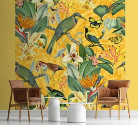 Gario Fotótapéta Sárga absztrakciós madarak a zöld ágon - Andrea Haase Anyag: Vlies, Méret: 200 x 200 cm