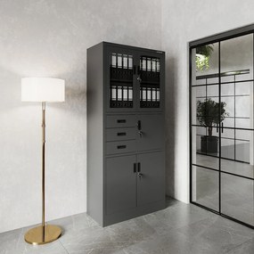 Fém iratszekrény széffel, vitrinnel és fiókokkal FILIP, 900 x 1850 x 400 mm, antracit