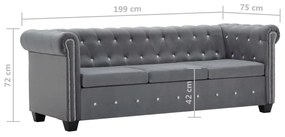 szürke 3 személyes bársony Chesterfield kanapé 199x75x72 cm