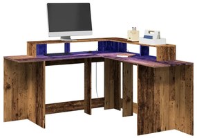 antik fa színű szerelt fa íróasztal LED-ekkel 152 x 152 x 91 cm
