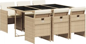 vidaXL 7 részes bézs polyrattan kerti étkezőgarnitúra párnákkal