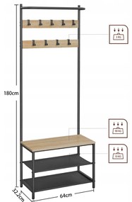 Fém előszoba fali panel LOFT 180 cm, fekete/sonoma tölgy