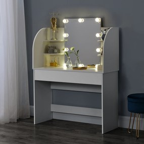 [en.casa] Fésülködő asztal tükörrel 10 LED-es fénysorral polcokkal és egy fiókkal Köla fehér
