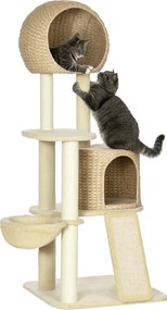 PawHut Macskafa, 150 cm, Macska Torony Macskaházzal, Mászófa Hintaággyal, Zsineg Karmolópókkal és Lejtővel, Karmolófa Alátét, Játékfa, Billenésvédővel