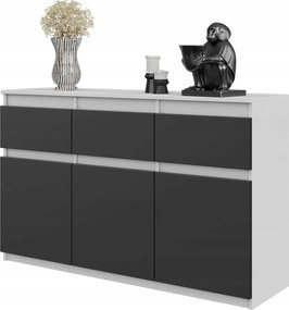 Noah Komód 120 cm Fehér Matt/antracit 3 Fiókos, 3 Ajtós, 3 Polcos Széles