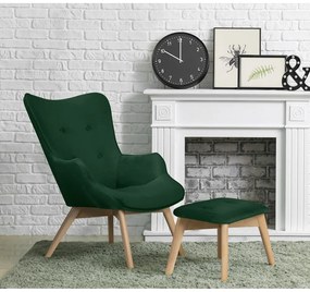 Sötétzöld bársony fotel lábtartóval Niko – Ropez