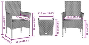 vidaXL 3 részes barna polyrattan/üveg bisztrógarnitúra párnákkal