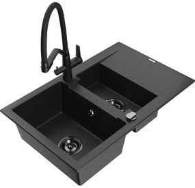 Mexen Gaspar 1,5 rekeszes gránit mosogató csepegtetővel és Duo konyhai csapteleppel, fekete/arany metál - 6507-75-671701-70-B