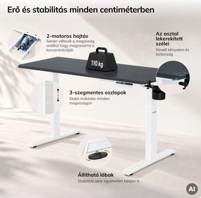 Elektromos, állítható magasságú, ergonomikus, fehér-antracit íróasztal,1400x700 mm: ARIA
