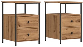 2 db kézműves tölgyszínű szerelt fa éjjeliszekrény 34x35,5x50cm