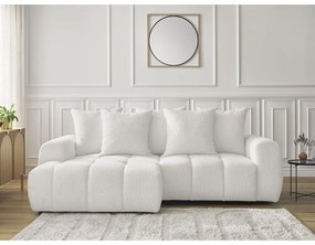 Fehér buklé kinyitható-tárolóhelyes sarokkanapé (bal oldali-heverő résszel) Roxelane – Bobochic Paris