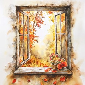 Vászonkép Canvas Dekoráció Ablak Kilátás Fa Ősz Virágok 40x40