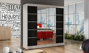 BULAN V praktikus hálószoba szekrény tükörrel, fehér, fekete ajtókkal