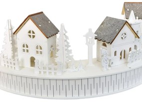 Fából készült LED-es dekoráció: Falucskatemplommal, 40 x 14 x 20 cm, félkör alakú