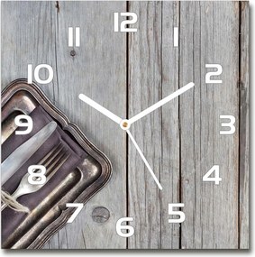 Négyzet alakú üveg falióra Evőeszközök deszkákon 30x30