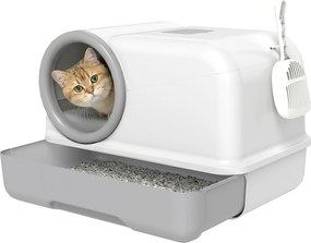 PawHut fedeles macskaalomdoboz füllel és lapáttal, kihúzható fiók, 2 aktívszén szűrő — fehér/szürke, max. 5 kg, 59 x 39,5 x 39,5 cm | Aosom