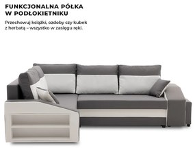 Grande sarokkanapé polcokkal és puffokkal , polc a bal karfaban puffok a jobb karfaban, baloldali, szövet anyag, bonell töltet, szürke - fehér