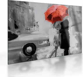 Üveg kép - Szerelmespár egy esernyő alatt, piros (70x50 cm)