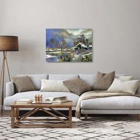 Téli tájon lévő házikó képe, olajfestmény (üvegen) (70x50 cm)