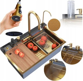 Acél mosogató Egymedencés mosogató Multifunkciós Kijelző Arany