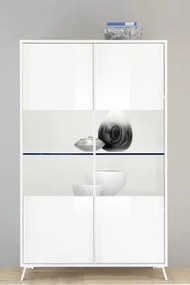 CITY Kétajtós vitrinszekrény, fehér, magasfényű lakkozott vázzal és előlapokkal