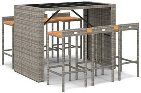 7 részes szürke polyrattan és tömör akácfa kerti bárszett