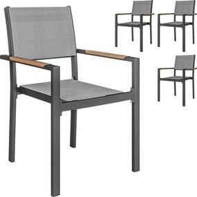 Outsunny 4 darabos kertiszék szett fa hatású karfákkal, alumínium vázas kültéri étkezőszék lélegző anyaggal erkélyhez, teraszhoz, világosszürke | Aoso