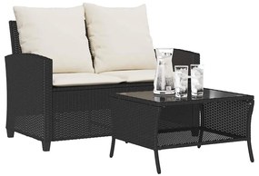 2 személyes fekete polyrattan kerti kanapé asztallal&amp;párnával